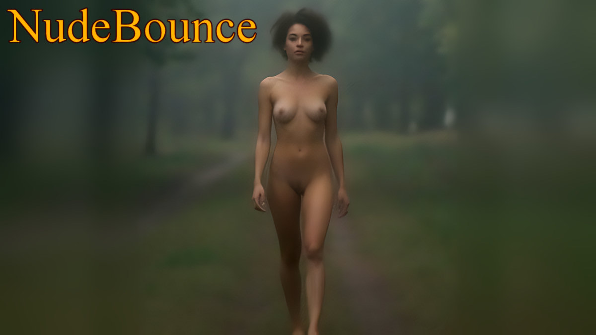 Nude black slim lady walking in the forest