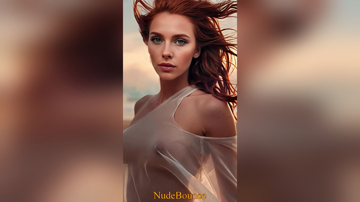 See-through redhead babe with green eyes and small firm titties posing on beach in totally transparent sheet